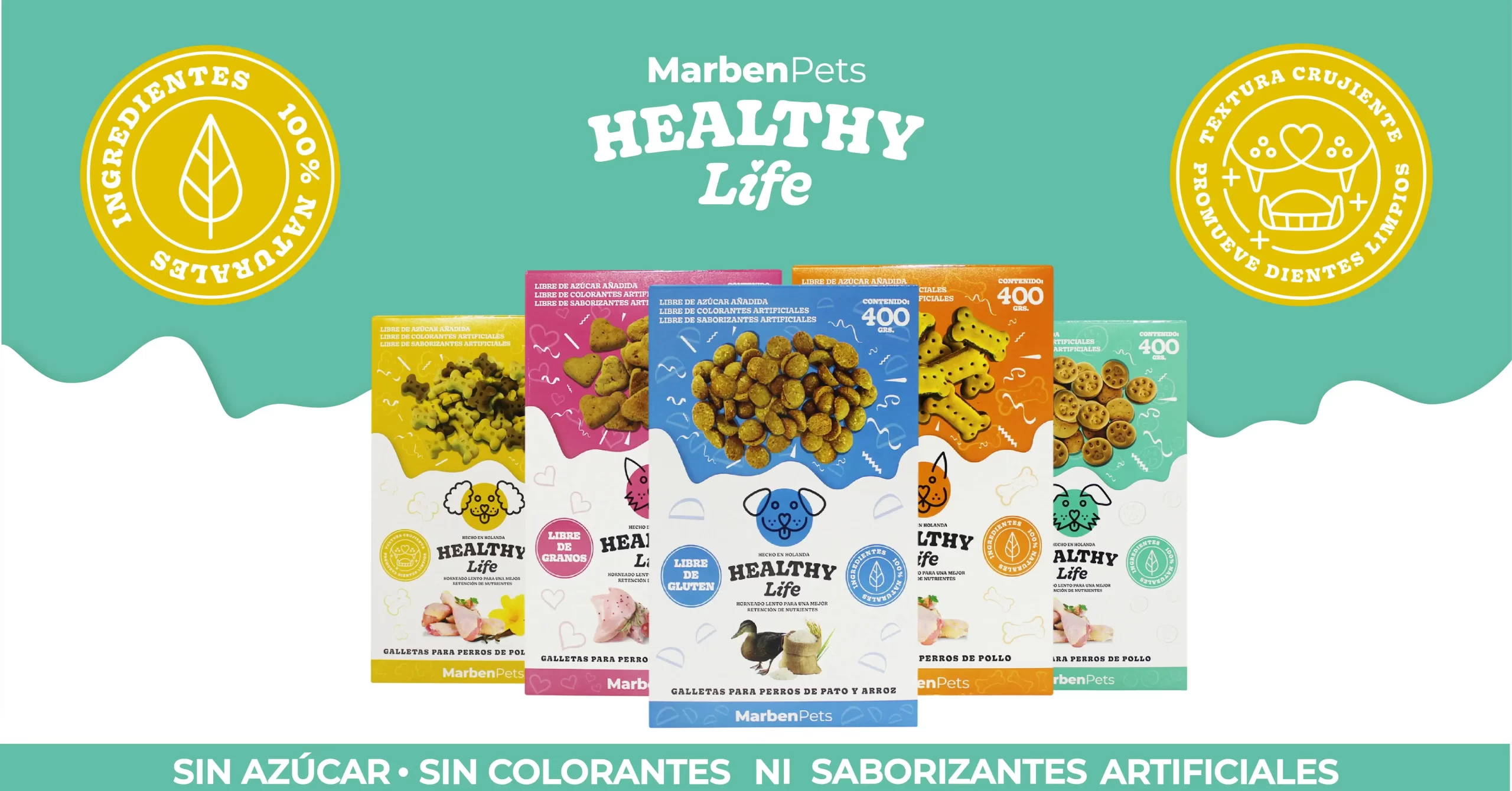 5 Galletas para perros Healthy life de Marben Pets, sabor cranberry con pavo, pato con arroz, pollo con vainilla y pollo.