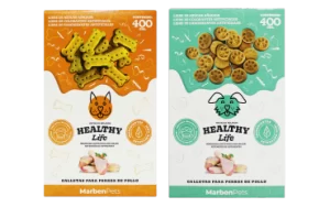 2 Cajas de galletas healthy life sabor pollo, en forma de huesitos y en forma circular