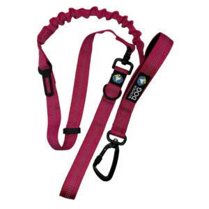 Traílla color burdeo, doble retorcedor con broche de seguridad y banda elástica amortiguadora. para autos, con nylon reflectante y acolchado de neopreno. Wonder Dog - Marben Pets