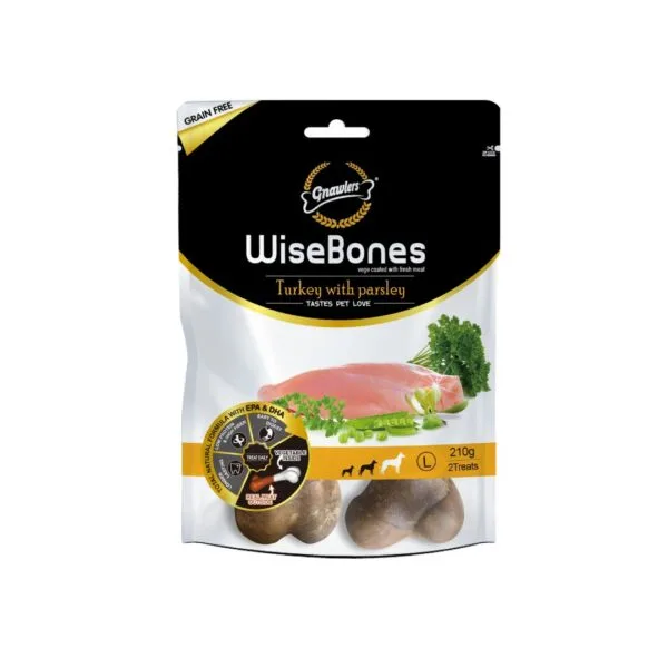 Snack para perros Wisebones huesos grandes  pavo con perejil 200 grs
